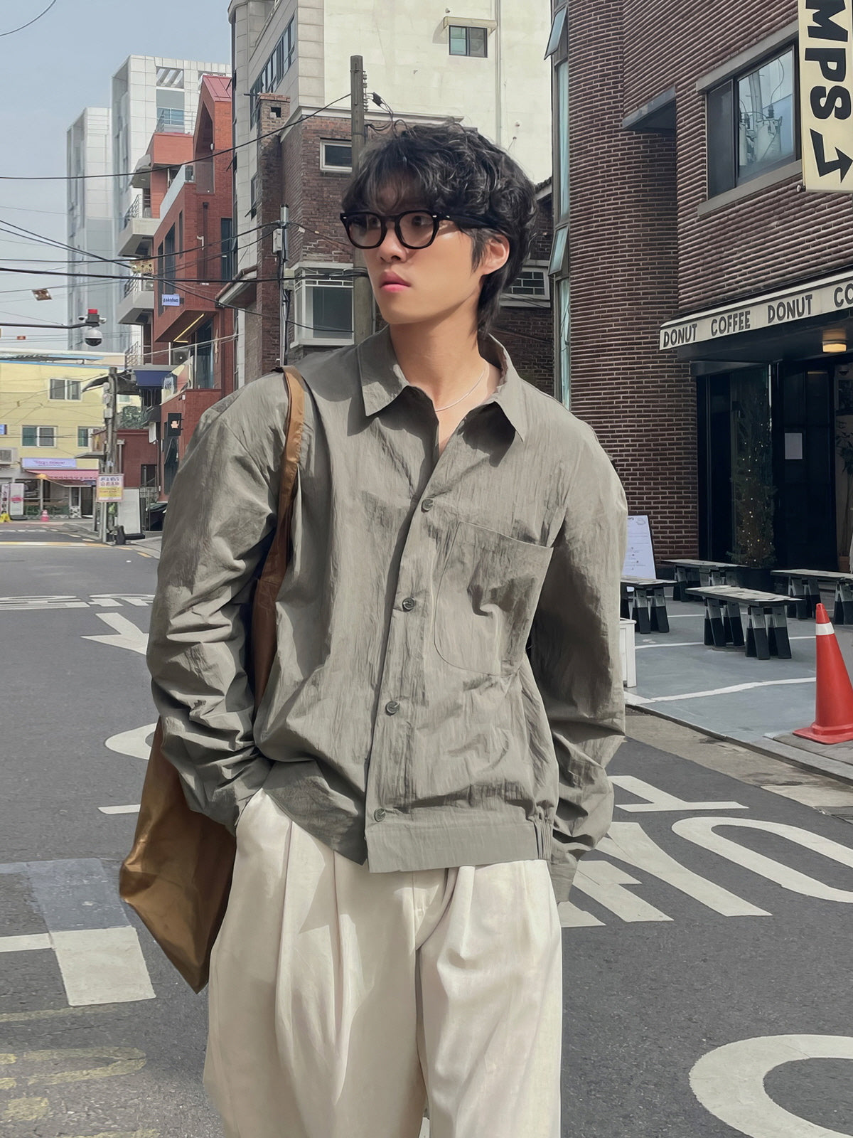 Gray-Green Retro Lapel Shirt