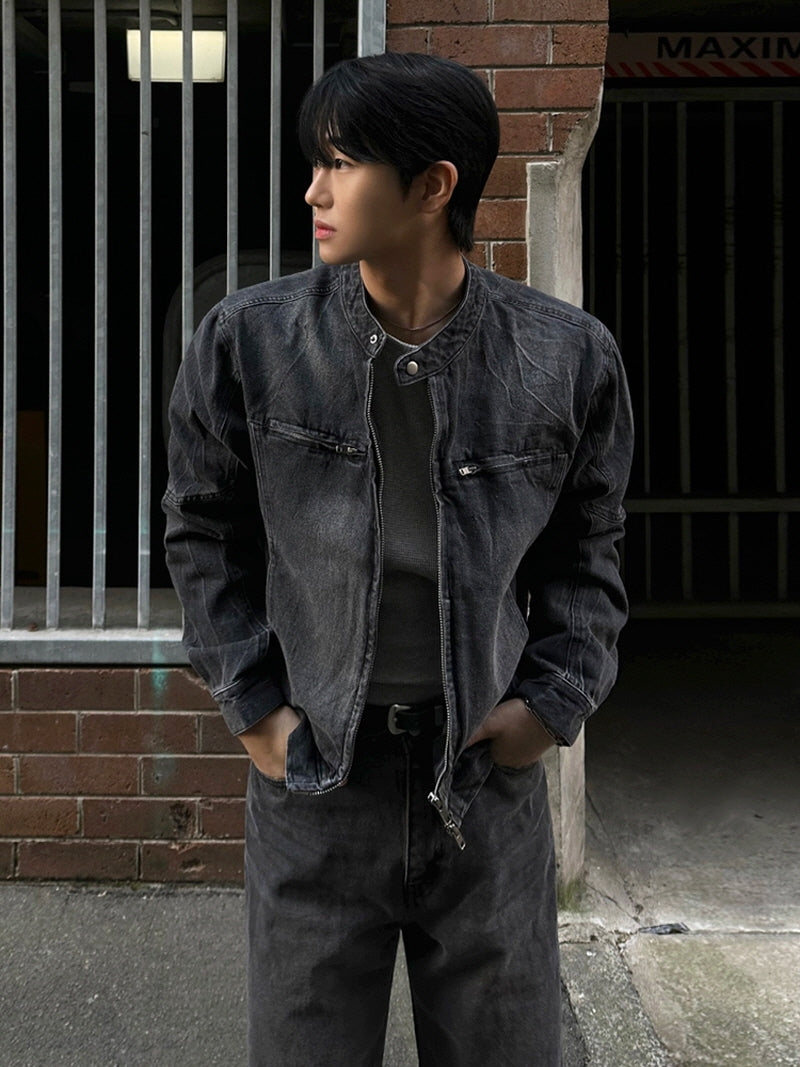 Cropped Stand Collar Denim Jacket
