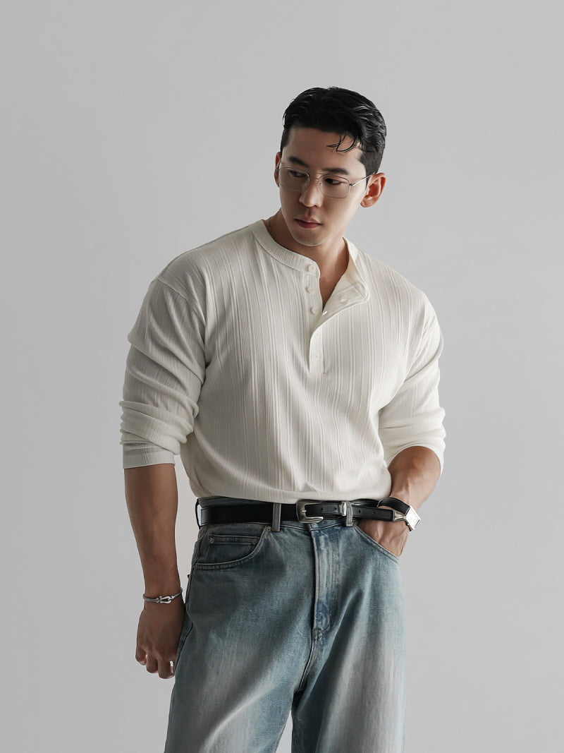 Henry Collar Vertical Stripe T-Shirt