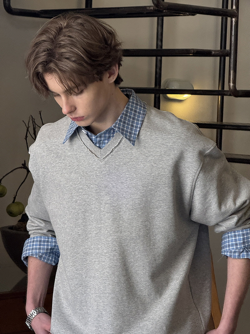 V-Neck Slouchy Cotton Sweatshirt